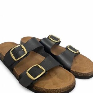 Women's Black Dual-Buckle Slide Sandals with Gold Buckles